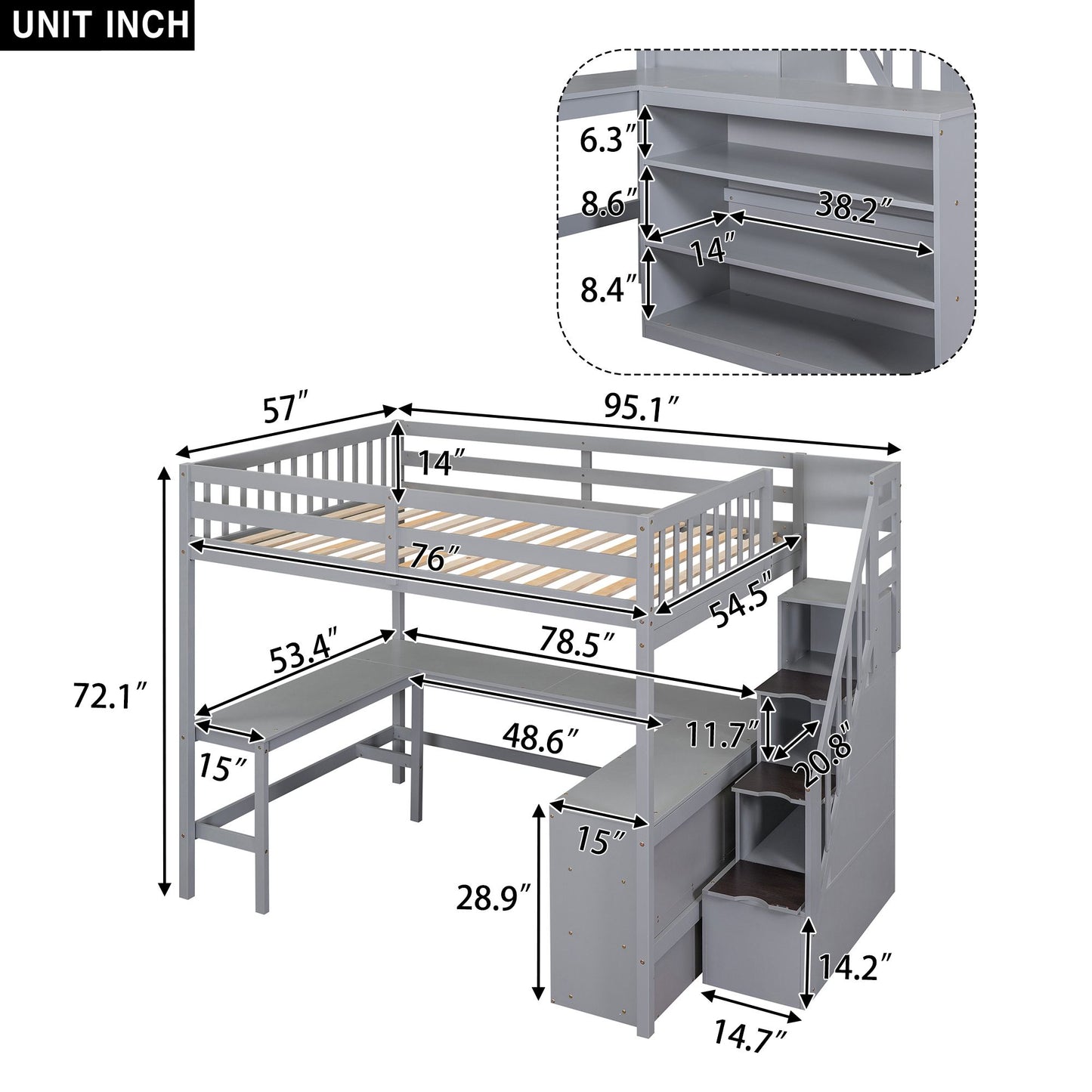 Full Size Loft Bed with Built-in L-Shaped Desk and Three-Tier Storage Shelves,and Attached Storage Staircase,Gray(Old SK image 19
