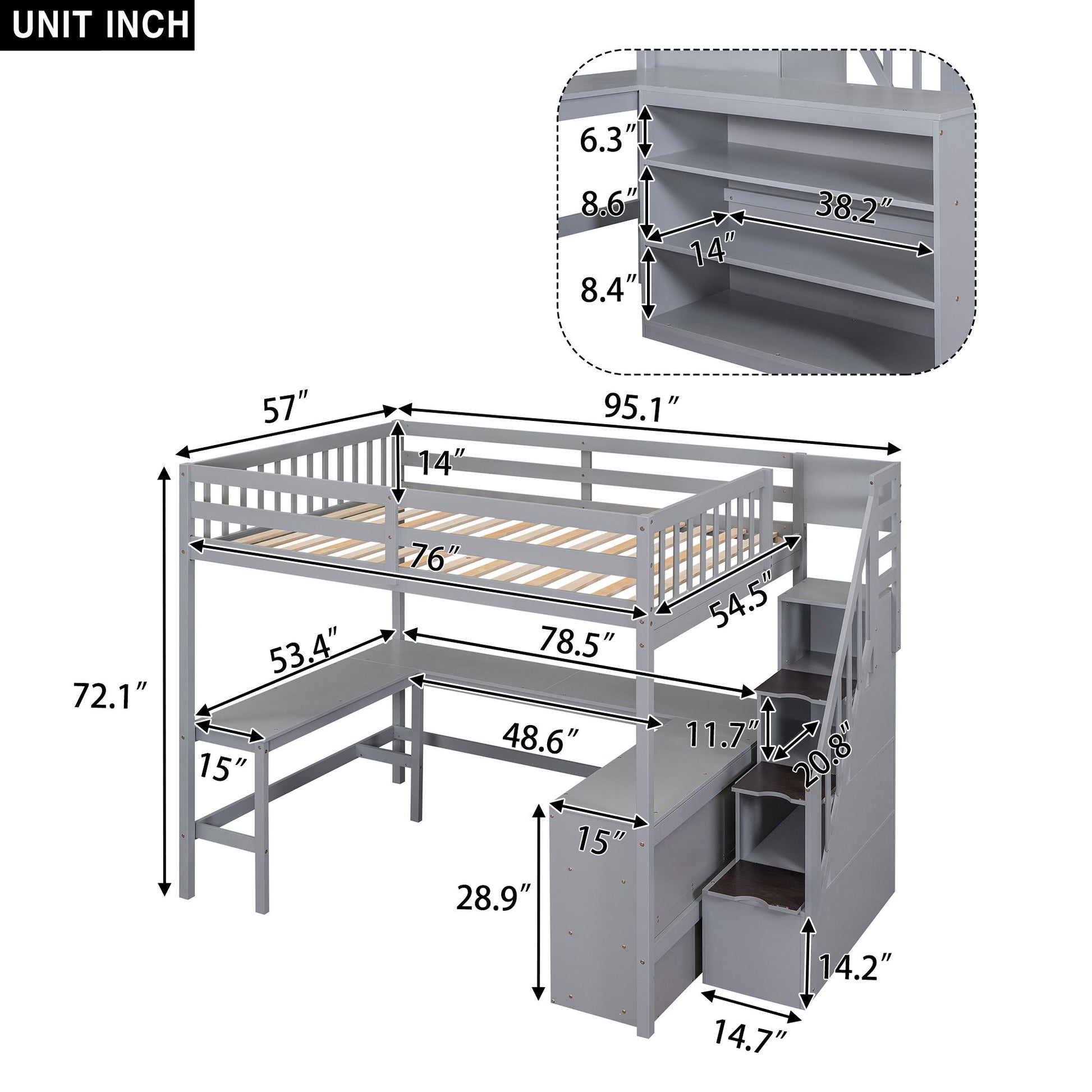 Full Size Loft Bed with Built-in L-Shaped Desk and Three-Tier Storage Shelves,and Attached Storage Staircase,Gray(Old SK image 19