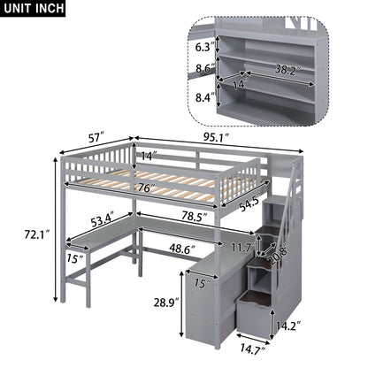 Full Size Loft Bed with Built-in L-Shaped Desk and Three-Tier Storage Shelves,and Attached Storage Staircase,Gray(Old SK image 19