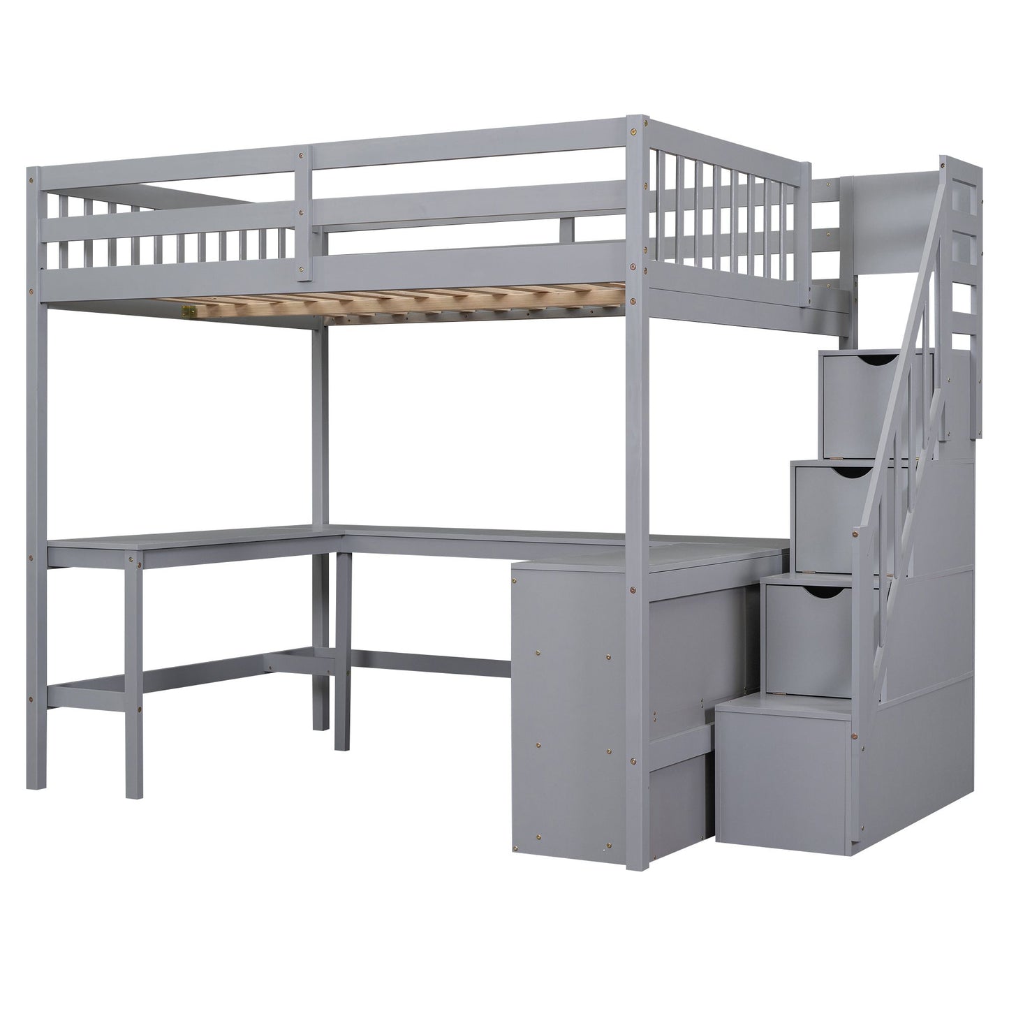 Full Size Loft Bed with Built-in L-Shaped Desk and Three-Tier Storage Shelves,and Attached Storage Staircase,Gray(Old SK image 10