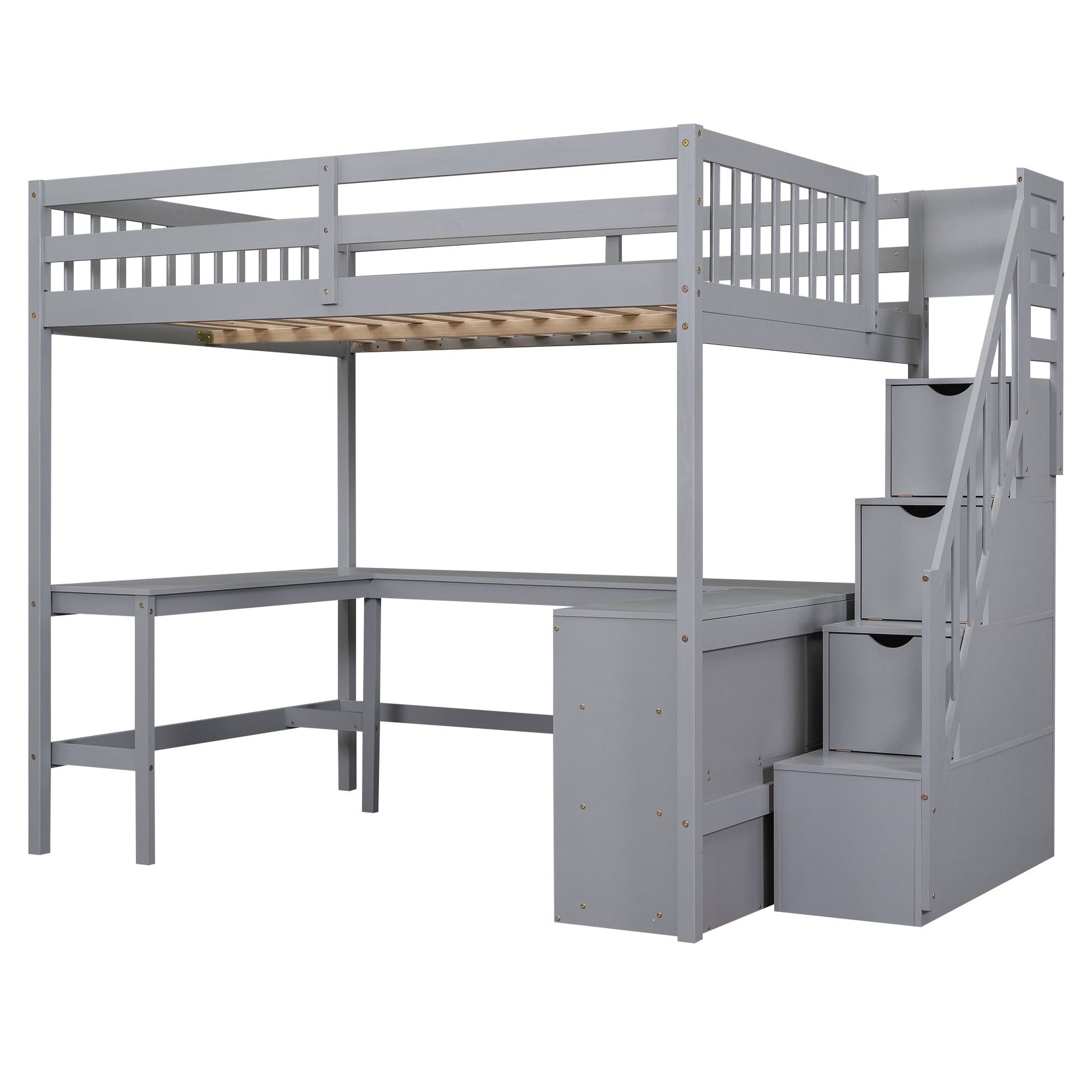 Full Size Loft Bed with Built-in L-Shaped Desk and Three-Tier Storage Shelves,and Attached Storage Staircase,Gray(Old SK image 10