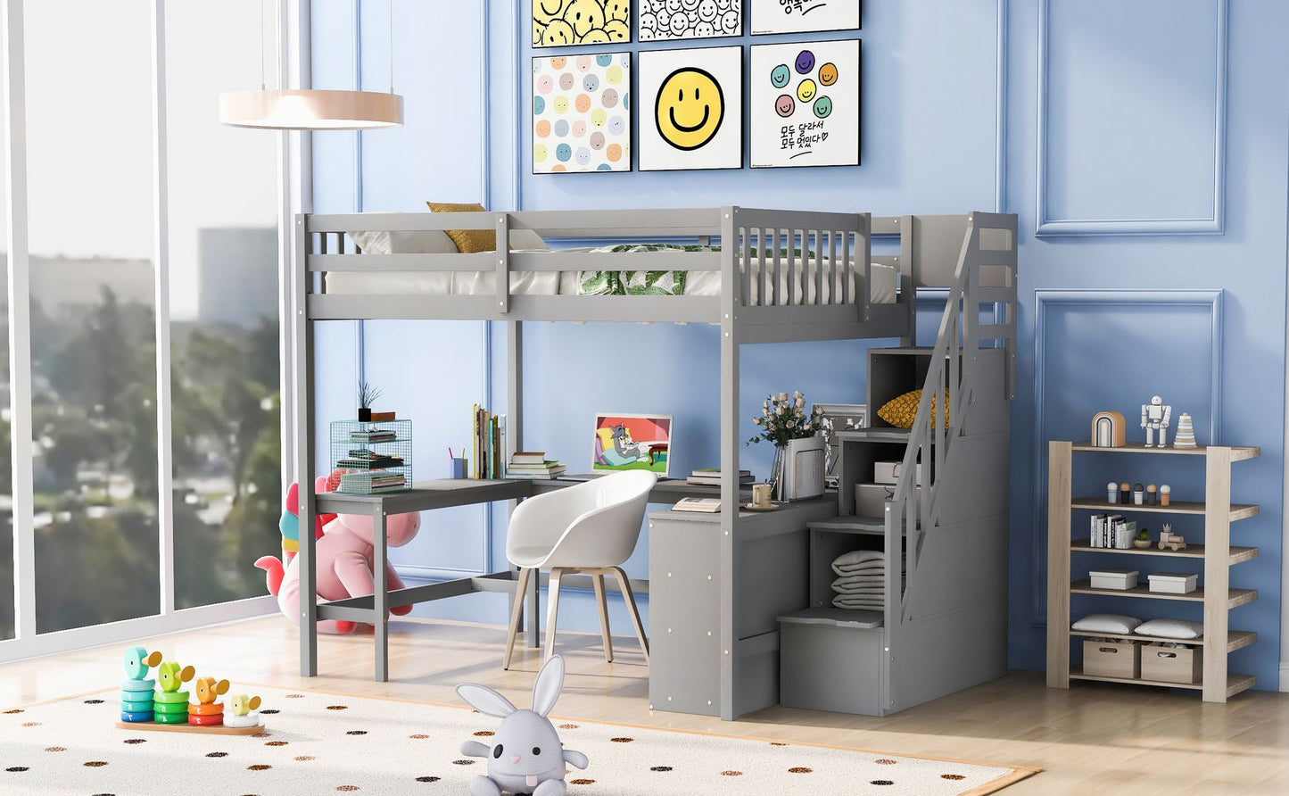Full Size Loft Bed with Built-in L-Shaped Desk and Three-Tier Storage Shelves,and Attached Storage Staircase,Gray(Old SK image 4
