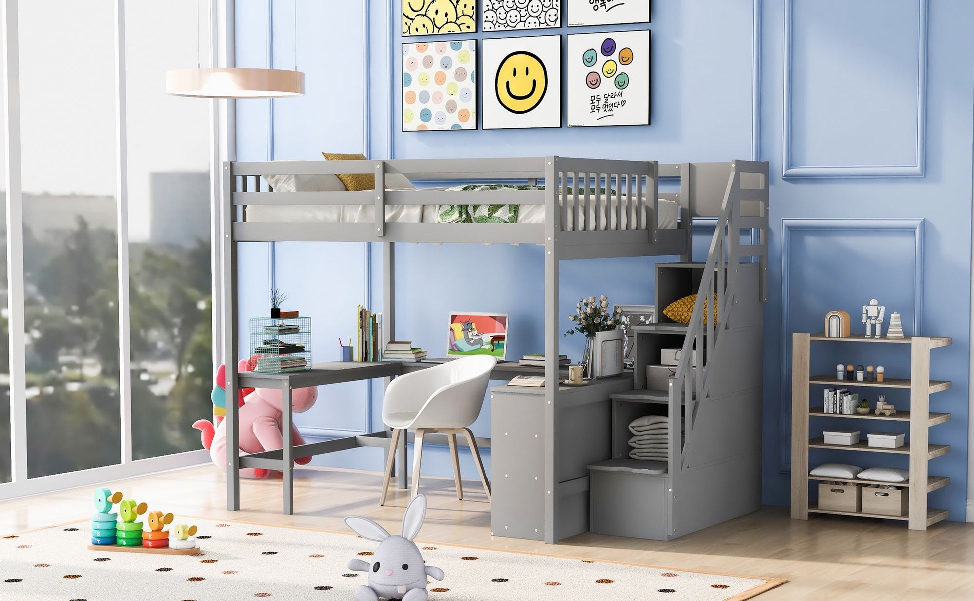 Full Size Loft Bed with Built-in L-Shaped Desk and Three-Tier Storage Shelves,and Attached Storage Staircase,Gray(Old SK image 4