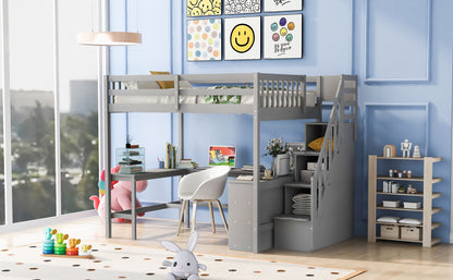 Full Size Loft Bed with Built-in L-Shaped Desk and Three-Tier Storage Shelves,and Attached Storage Staircase,Gray(Old SK image 4