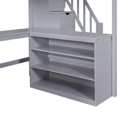 Full Size Loft Bed with Built-in L-Shaped Desk and Three-Tier Storage Shelves,and Attached Storage Staircase,Gray(Old SK image 17