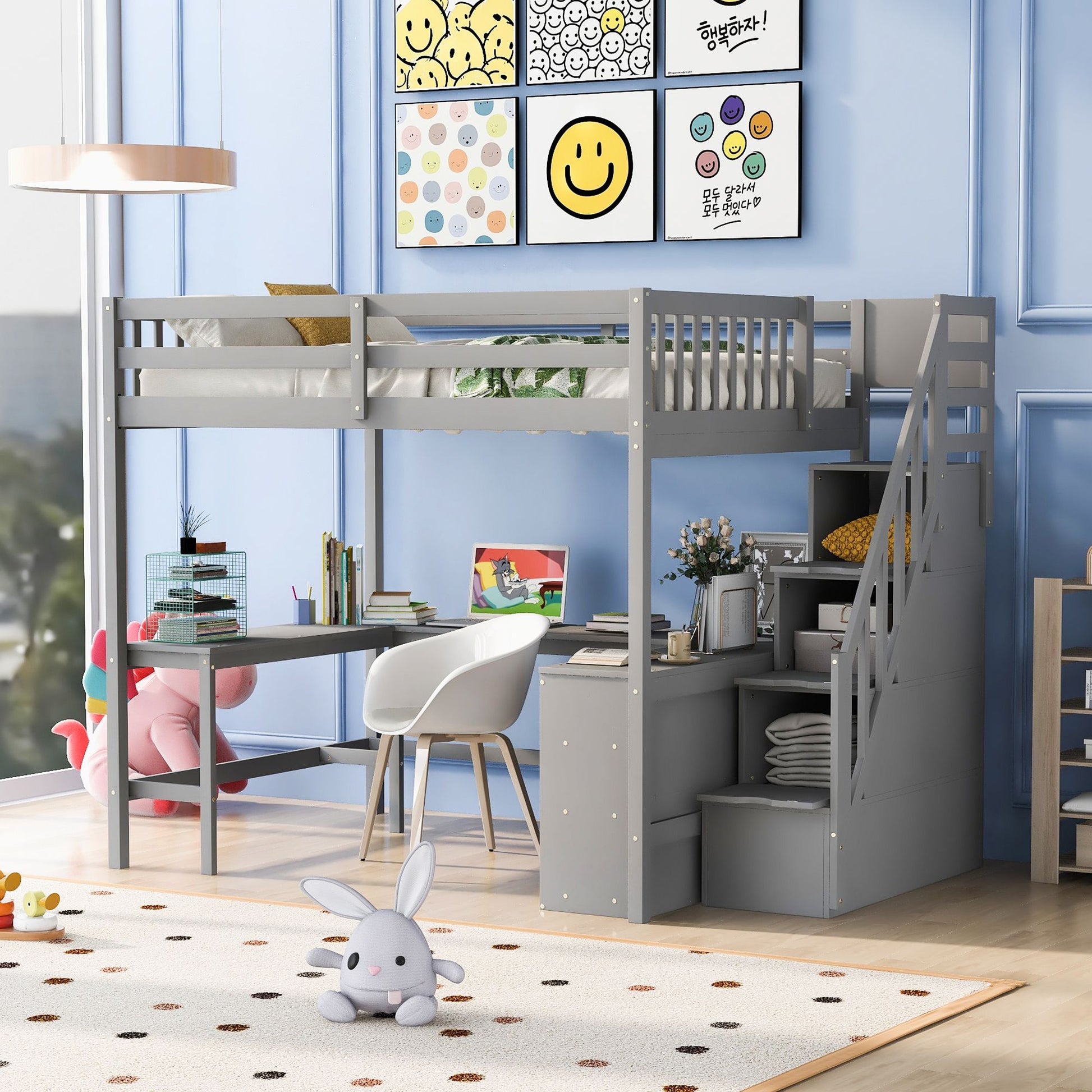 Full Size Loft Bed with Built-in L-Shaped Desk and Three-Tier Storage Shelves,and Attached Storage Staircase,Gray(Old SK image 3