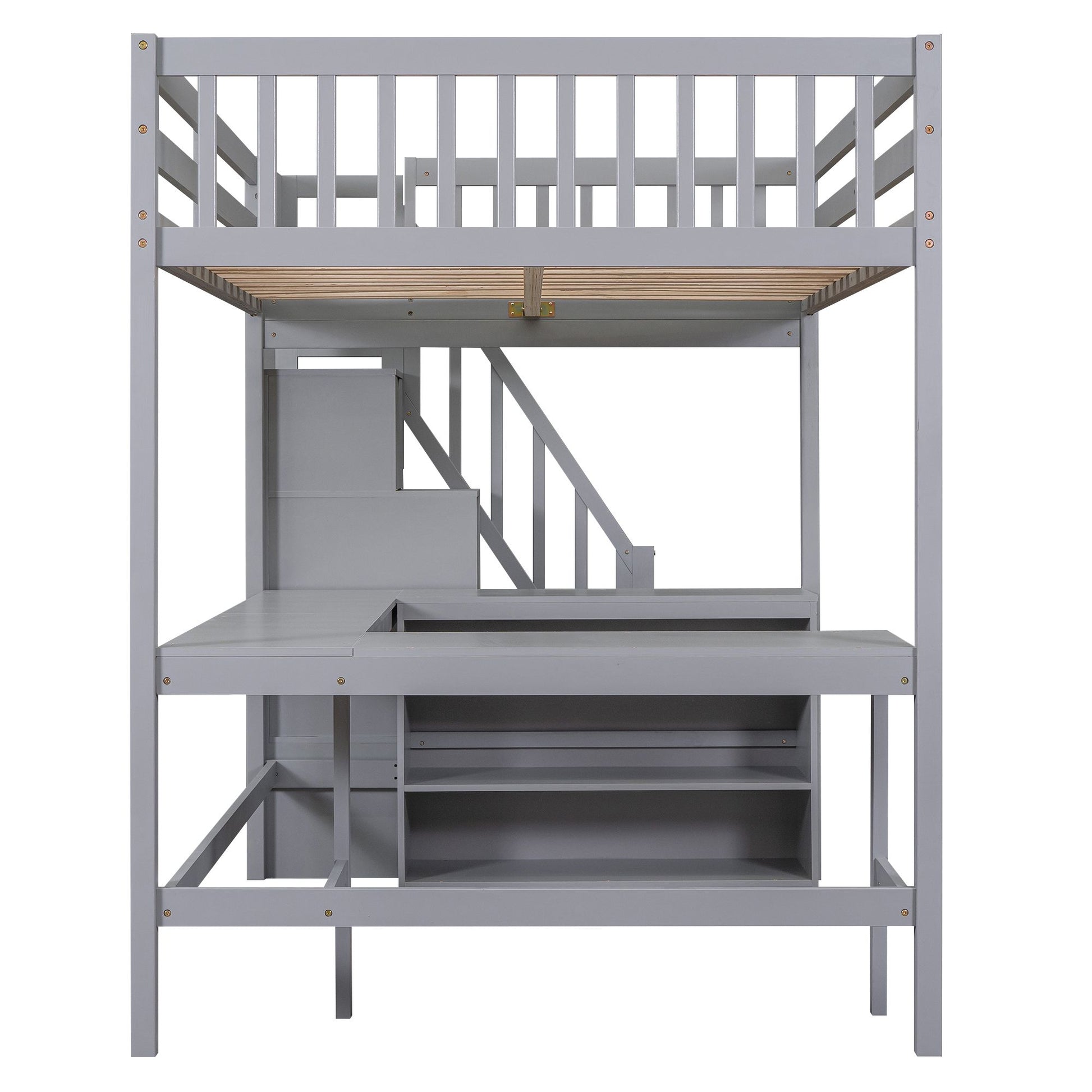 Full Size Loft Bed with Built-in L-Shaped Desk and Three-Tier Storage Shelves,and Attached Storage Staircase,Gray(Old SK image 12