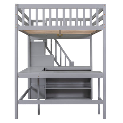Full Size Loft Bed with Built-in L-Shaped Desk and Three-Tier Storage Shelves,and Attached Storage Staircase,Gray(Old SK image 12