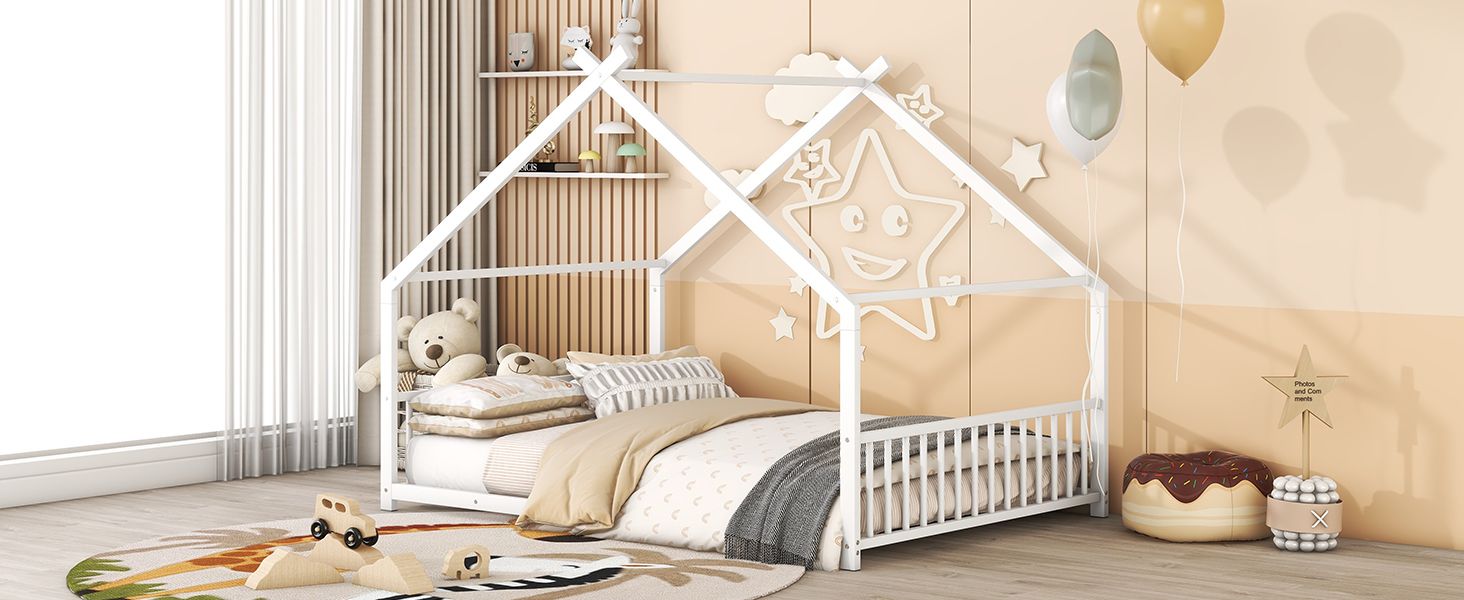 Full Size Metal House Bed, White image 12