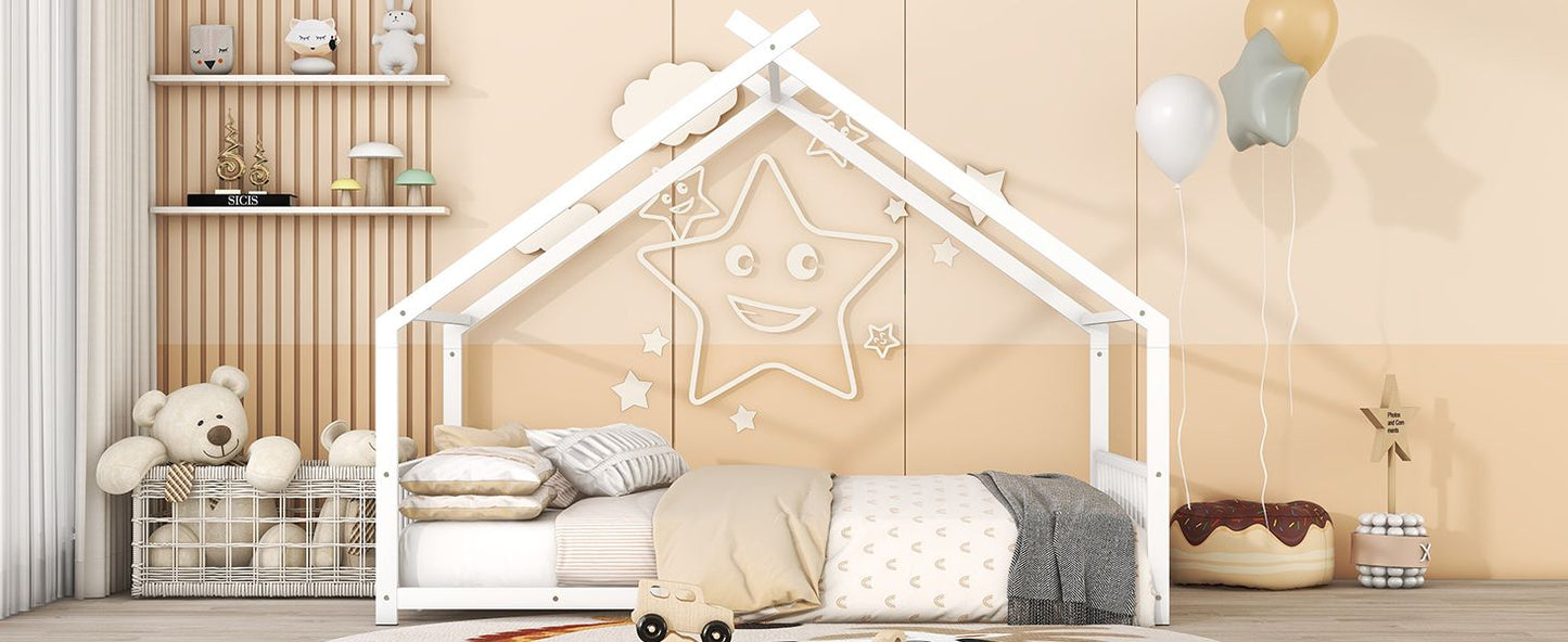 Full Size Metal House Bed, White image 13