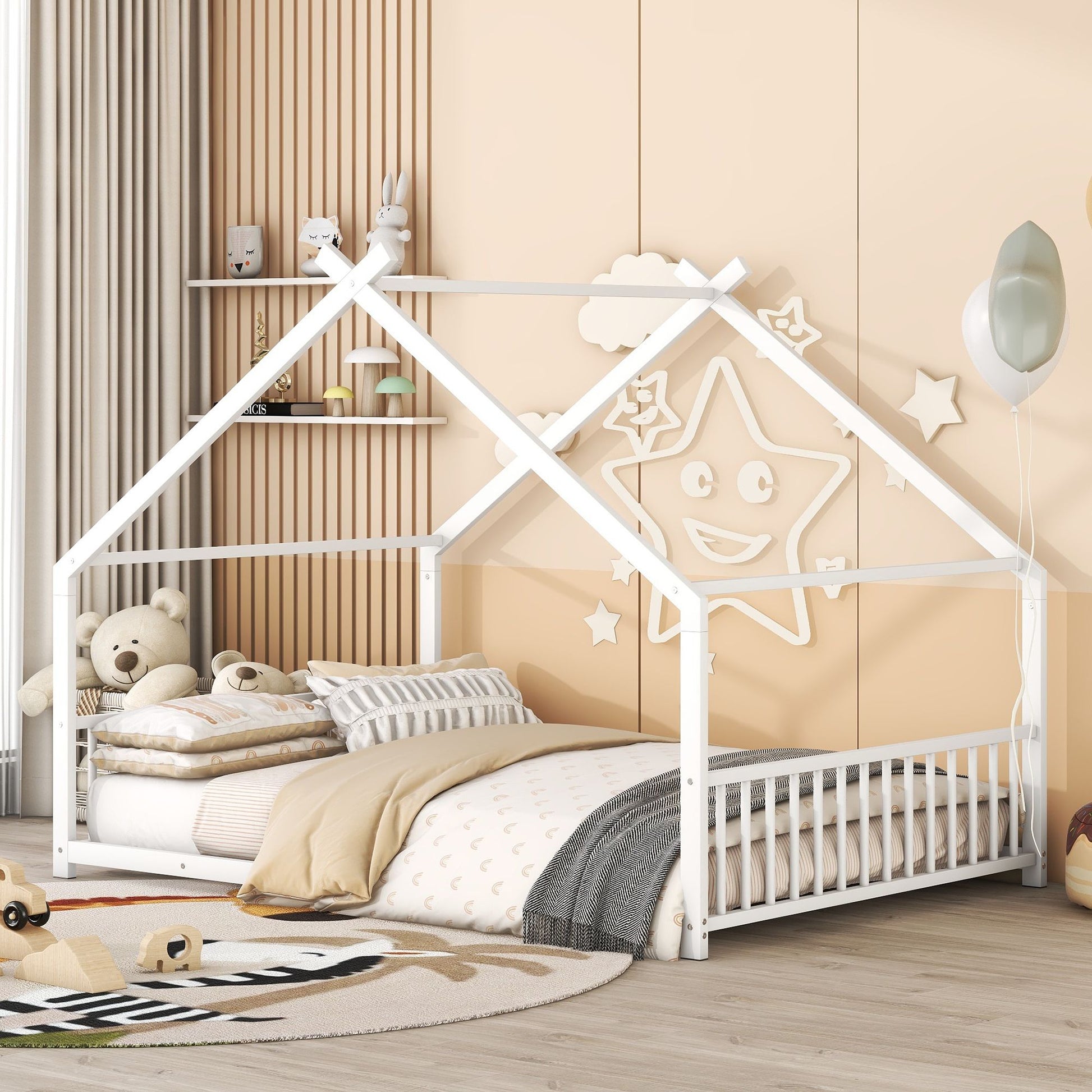Full Size Metal House Bed, White image 1