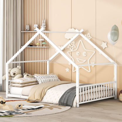 Full Size Metal House Bed, White image 1