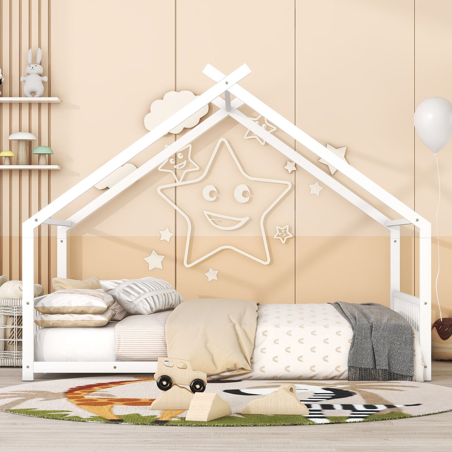 Full Size Metal House Bed, White image 2