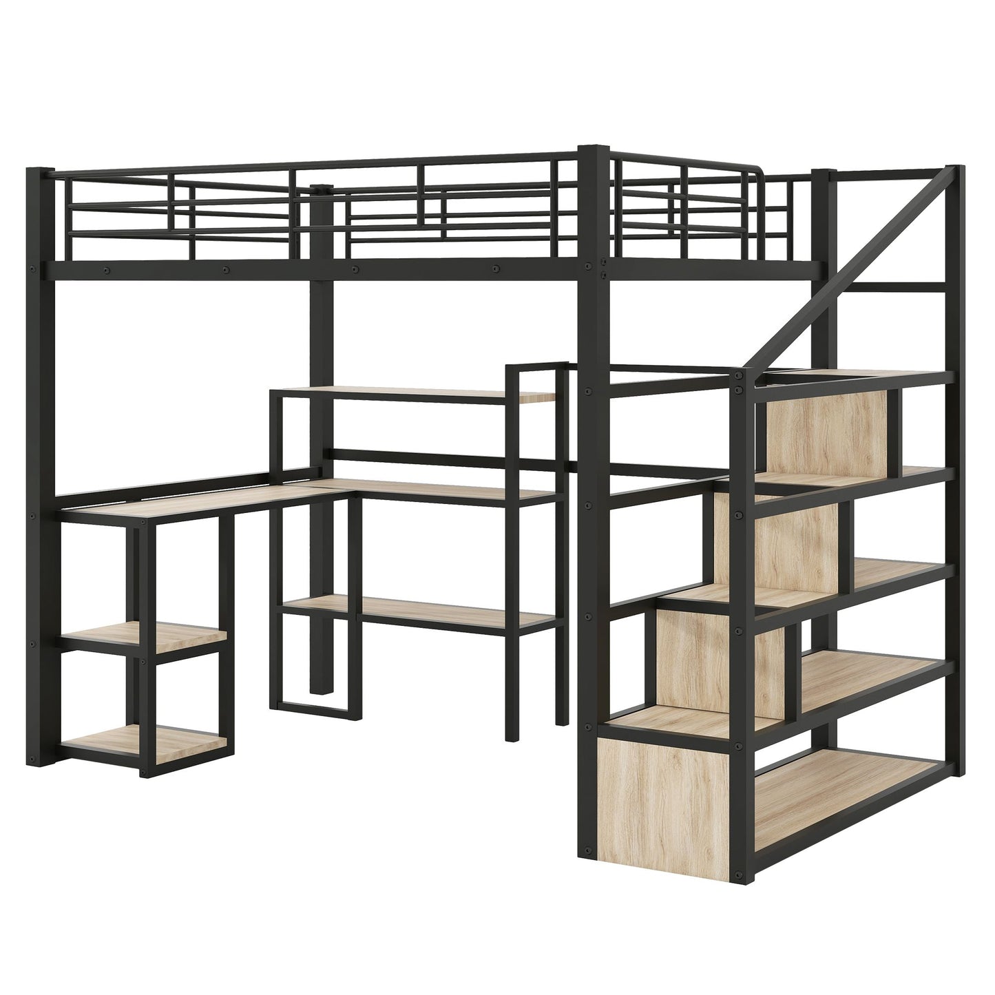 Full Size Metal Loft bed with Staircase, Built-in Desk and Shelves, Black image 11