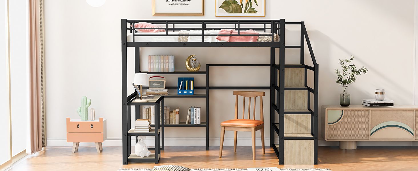 Full Size Metal Loft bed with Staircase, Built-in Desk and Shelves, Black image 9