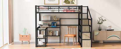 Full Size Metal Loft bed with Staircase, Built-in Desk and Shelves, Black image 9