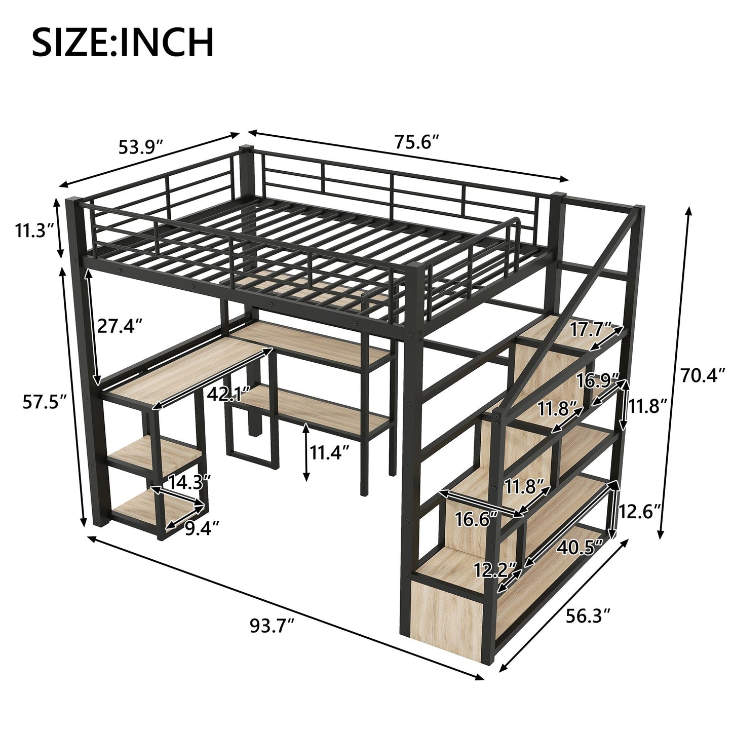 Full Size Metal Loft bed with Staircase, Built-in Desk and Shelves, Black image 10