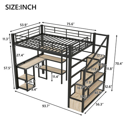 Full Size Metal Loft bed with Staircase, Built-in Desk and Shelves, Black image 10