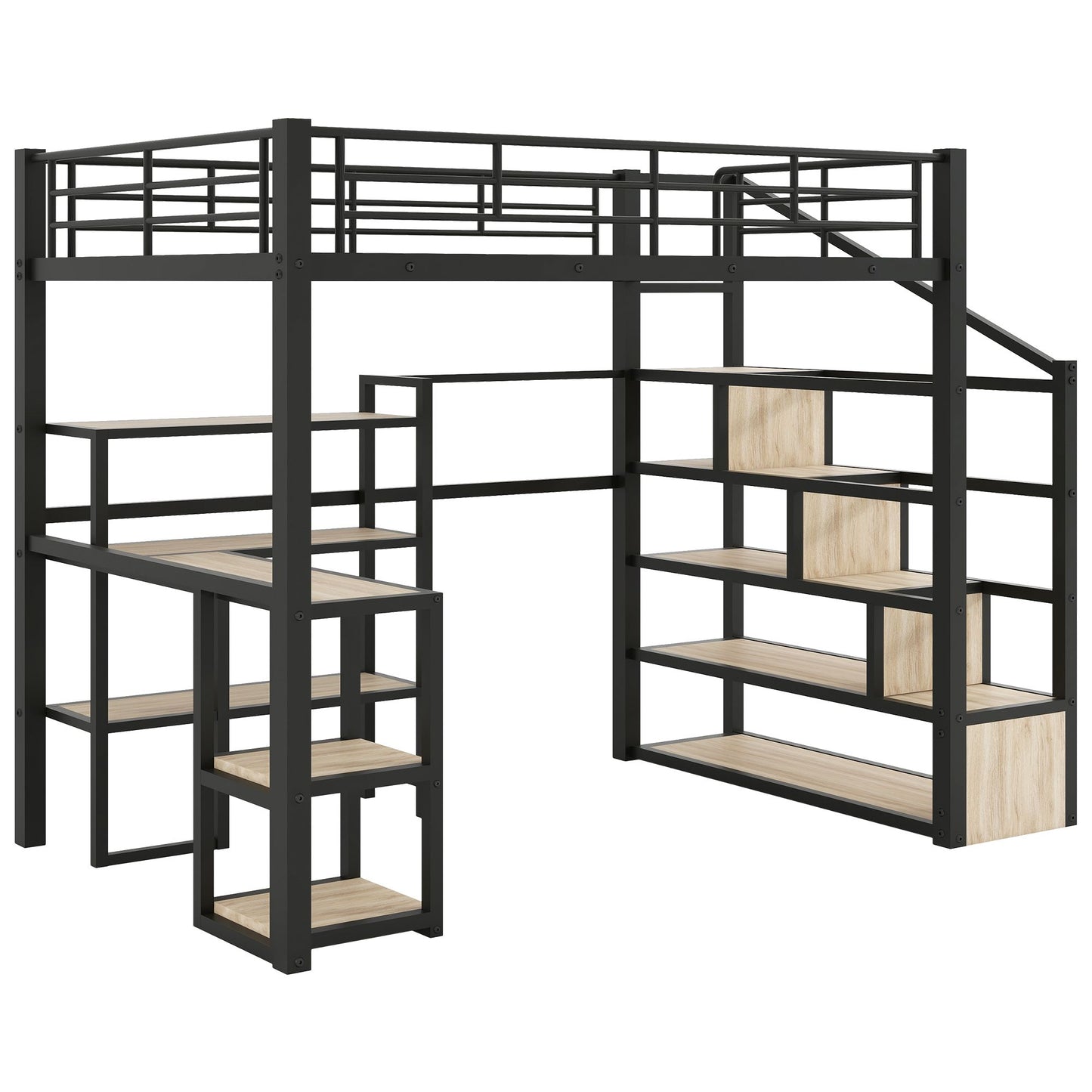 Full Size Metal Loft bed with Staircase, Built-in Desk and Shelves, Black image 15