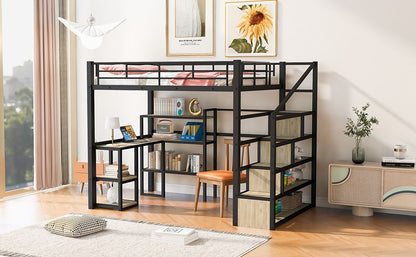 Full Size Metal Loft bed with Staircase, Built-in Desk and Shelves, Black image 5