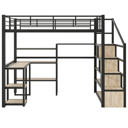 Full Size Metal Loft bed with Staircase, Built-in Desk and Shelves, Black image 14