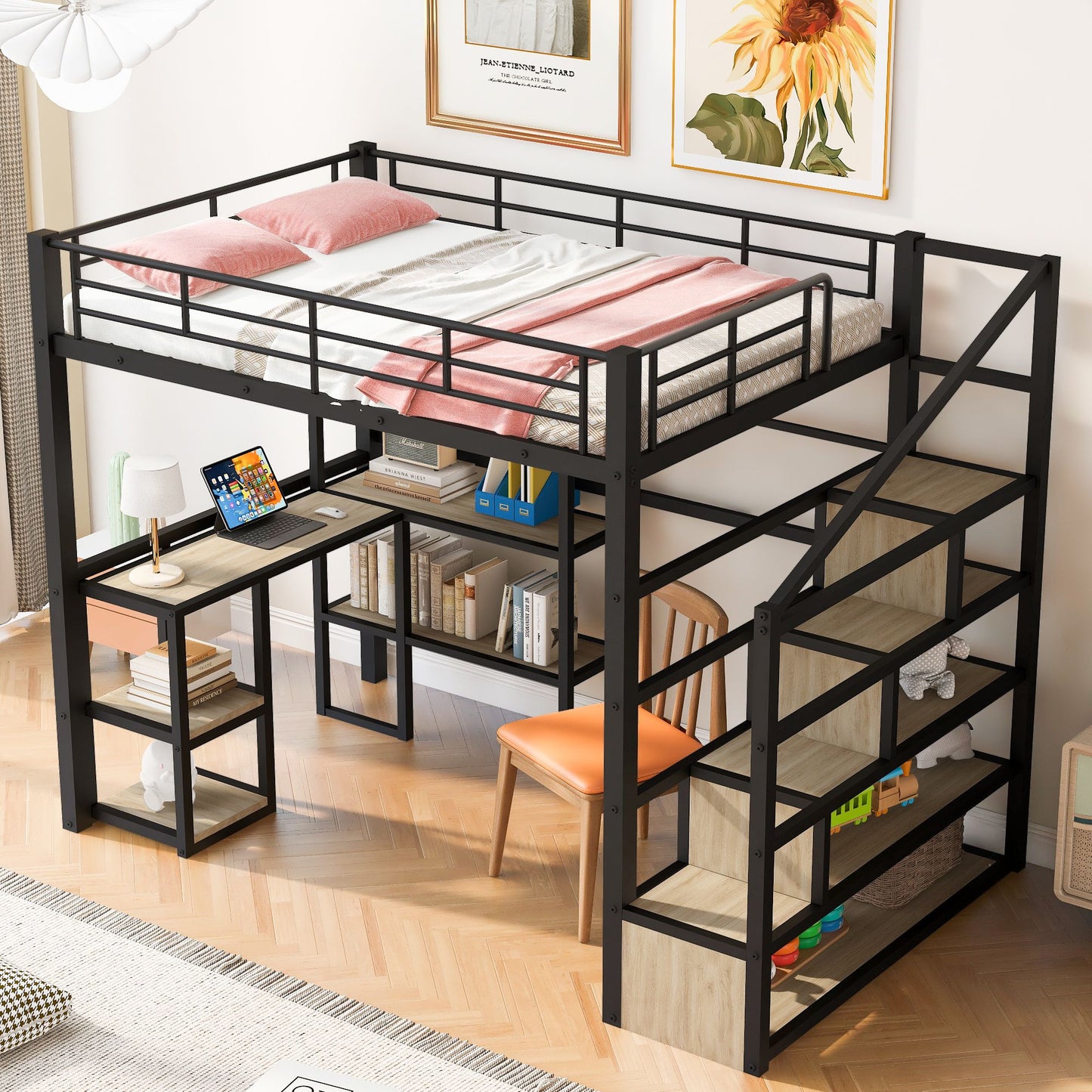 Full Size Metal Loft bed with Staircase, Built-in Desk and Shelves, Black image 3