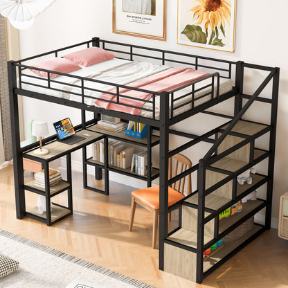 Full Size Metal Loft bed with Staircase, Built-in Desk and Shelves, Black image 3