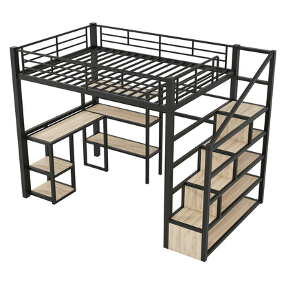 Full Size Metal Loft bed with Staircase, Built-in Desk and Shelves, Black image 12