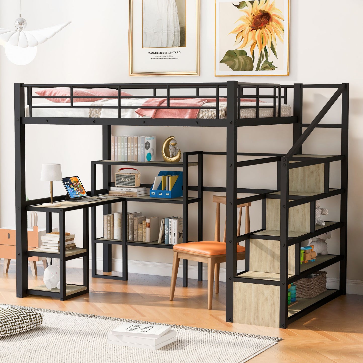 Full Size Metal Loft bed with Staircase, Built-in Desk and Shelves, Black image 1