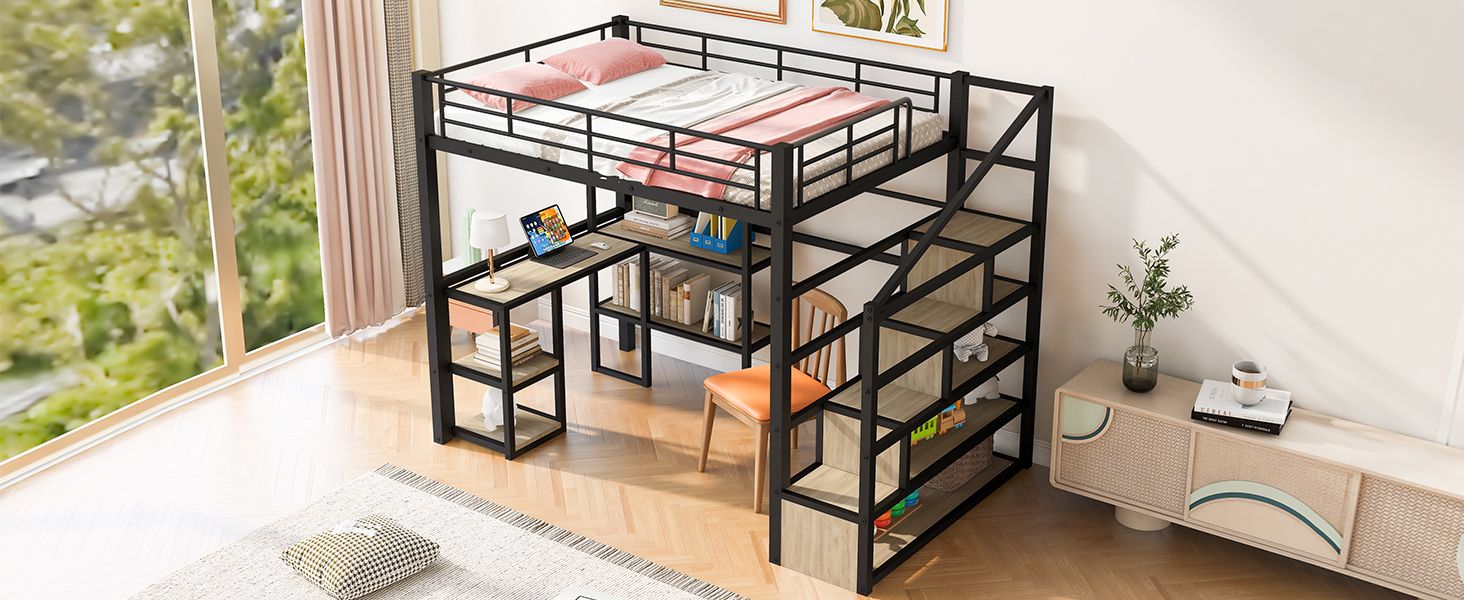 Full Size Metal Loft bed with Staircase, Built-in Desk and Shelves, Black image 7