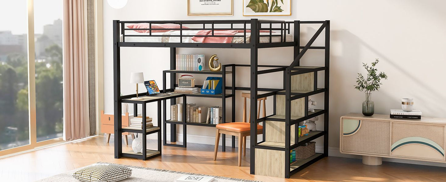Full Size Metal Loft bed with Staircase, Built-in Desk and Shelves, Black image 8