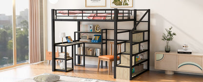 Full Size Metal Loft bed with Staircase, Built-in Desk and Shelves, Black image 8