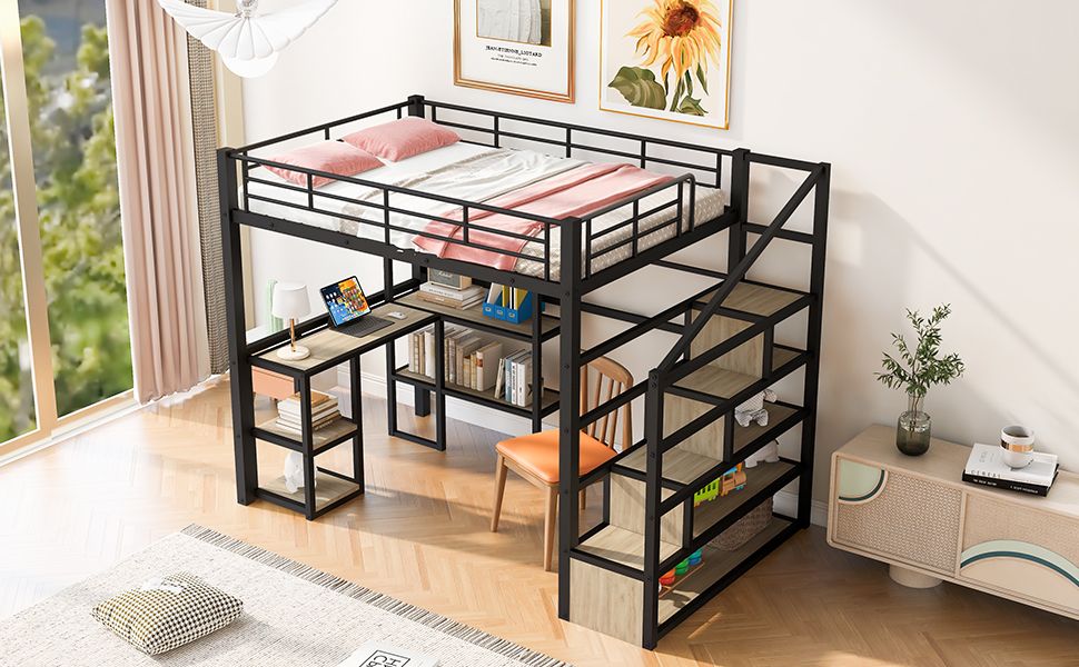 Full Size Metal Loft bed with Staircase, Built-in Desk and Shelves, Black image 6