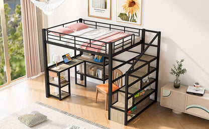 Full Size Metal Loft bed with Staircase, Built-in Desk and Shelves, Black image 6