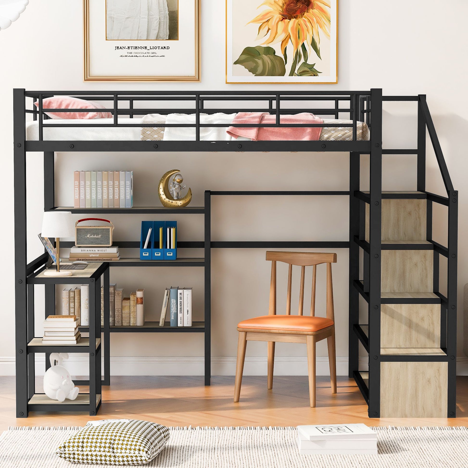 Full Size Metal Loft bed with Staircase, Built-in Desk and Shelves, Black image 2