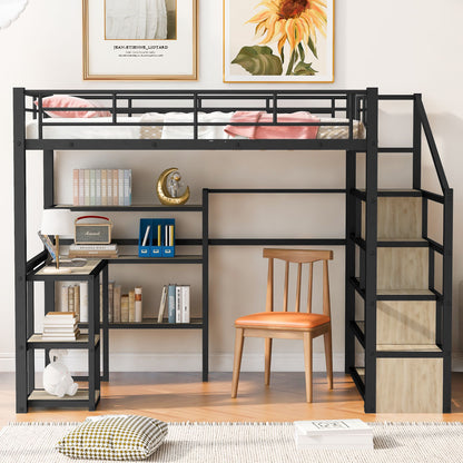 Full Size Metal Loft bed with Staircase, Built-in Desk and Shelves, Black image 2