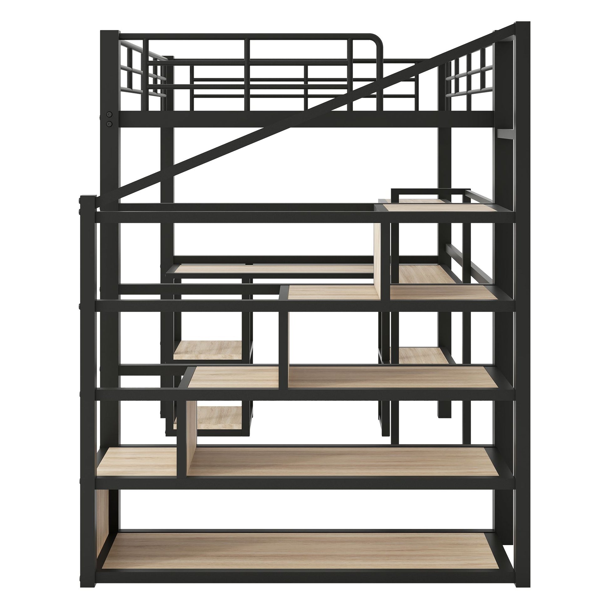 Full Size Metal Loft bed with Staircase, Built-in Desk and Shelves, Black image 13