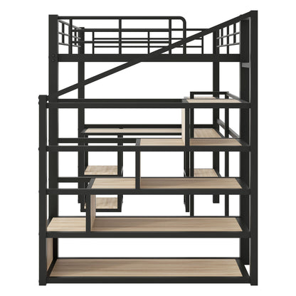 Full Size Metal Loft bed with Staircase, Built-in Desk and Shelves, Black image 13