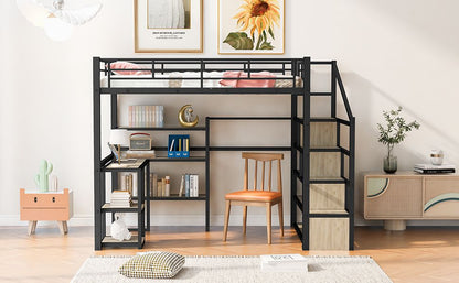 Full Size Metal Loft bed with Staircase, Built-in Desk and Shelves, Black image 4