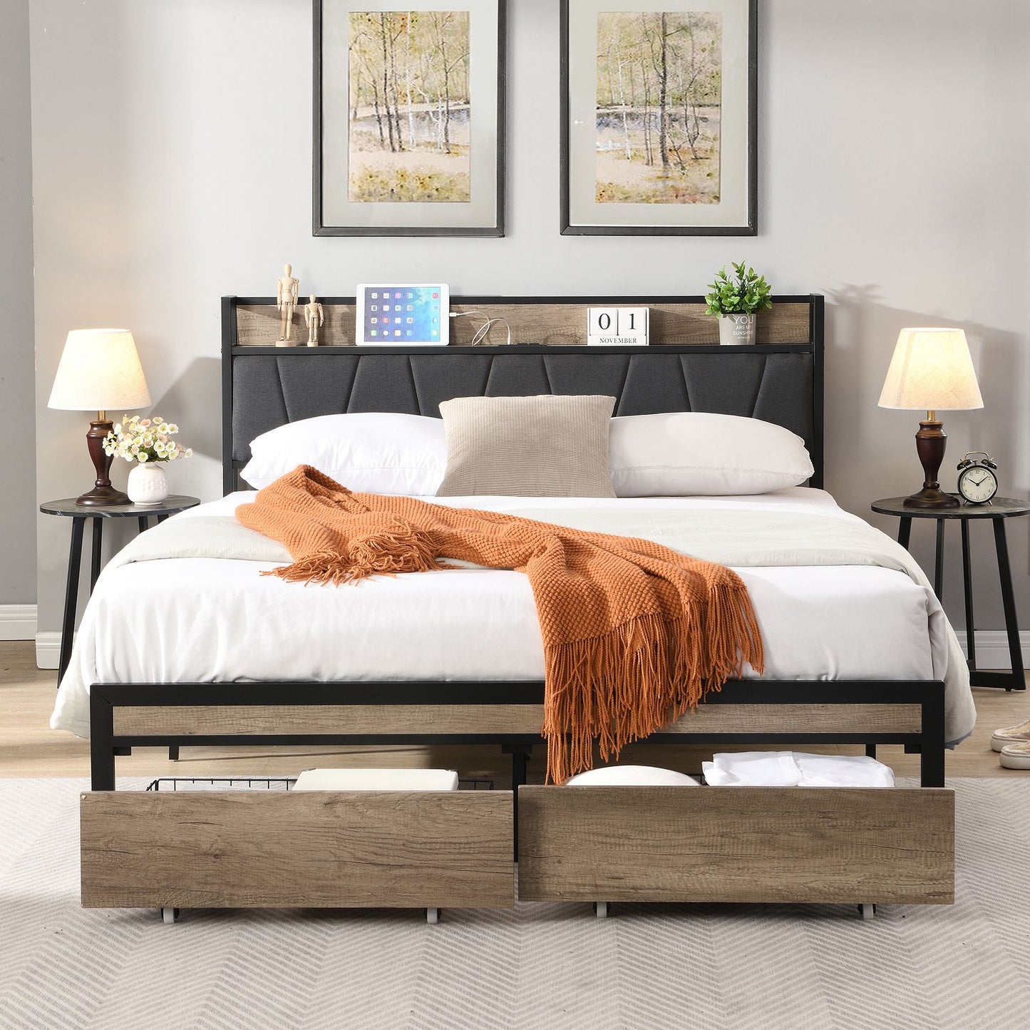 FULL Size Metal Platform Bed Frame with upholstery storage function Headboard and USB LINER and Footboard with drawers , image 1