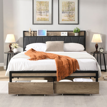 FULL Size Metal Platform Bed Frame with upholstery storage function Headboard and USB LINER and Footboard with drawers , image 1