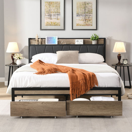 Full size metal platform bed frame with upholstered headboard and USB ports - front view
