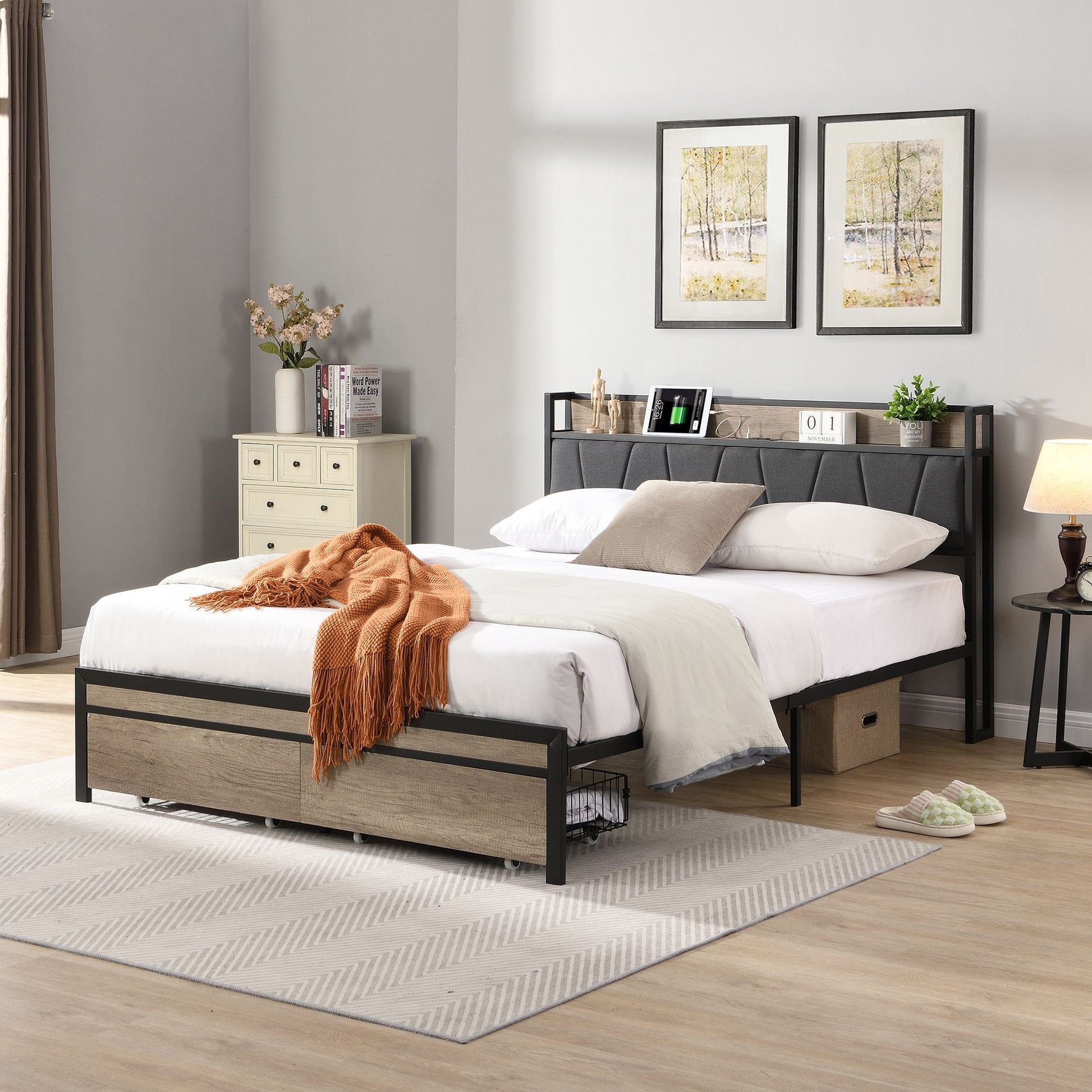FULL Size Metal Platform Bed Frame with upholstery storage function Headboard and USB LINER and Footboard with drawers , image 2