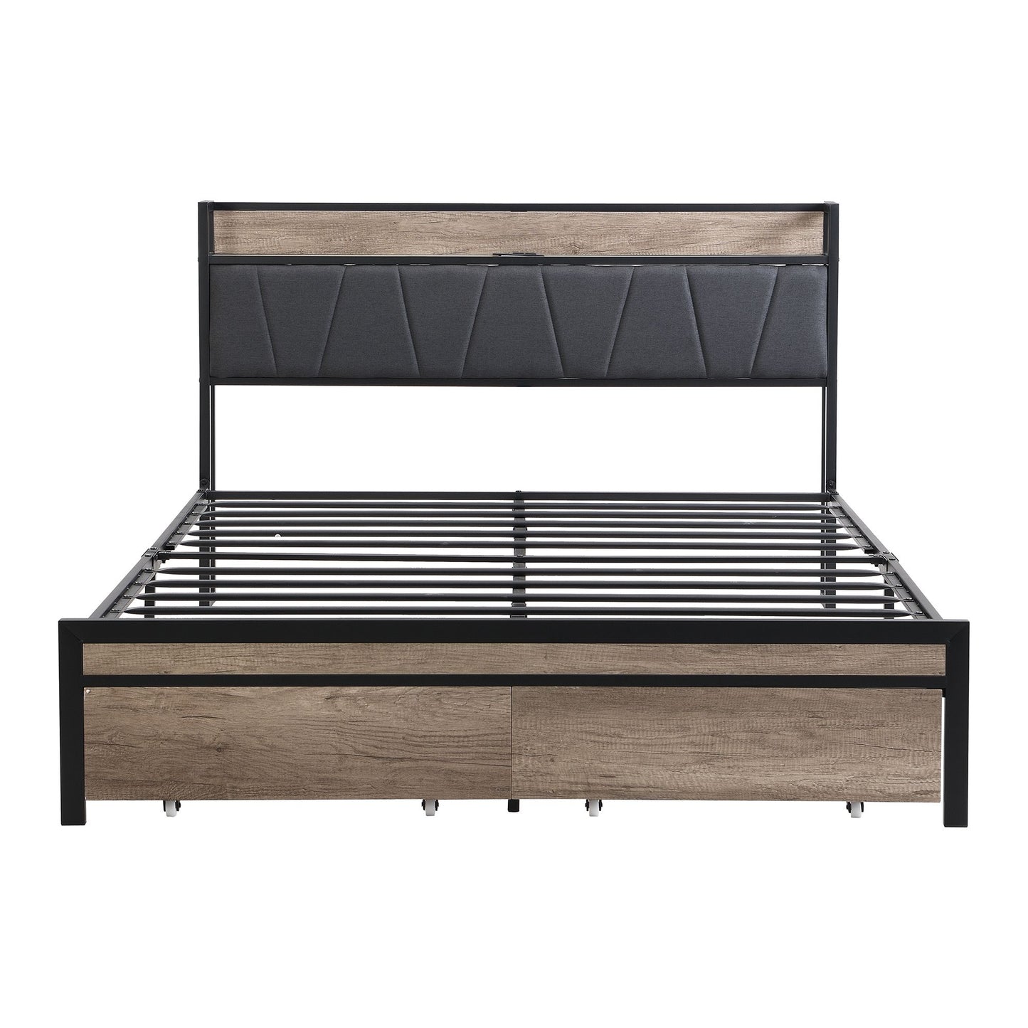 FULL Size Metal Platform Bed Frame with upholstery storage function Headboard and USB LINER and Footboard with drawers , image 3