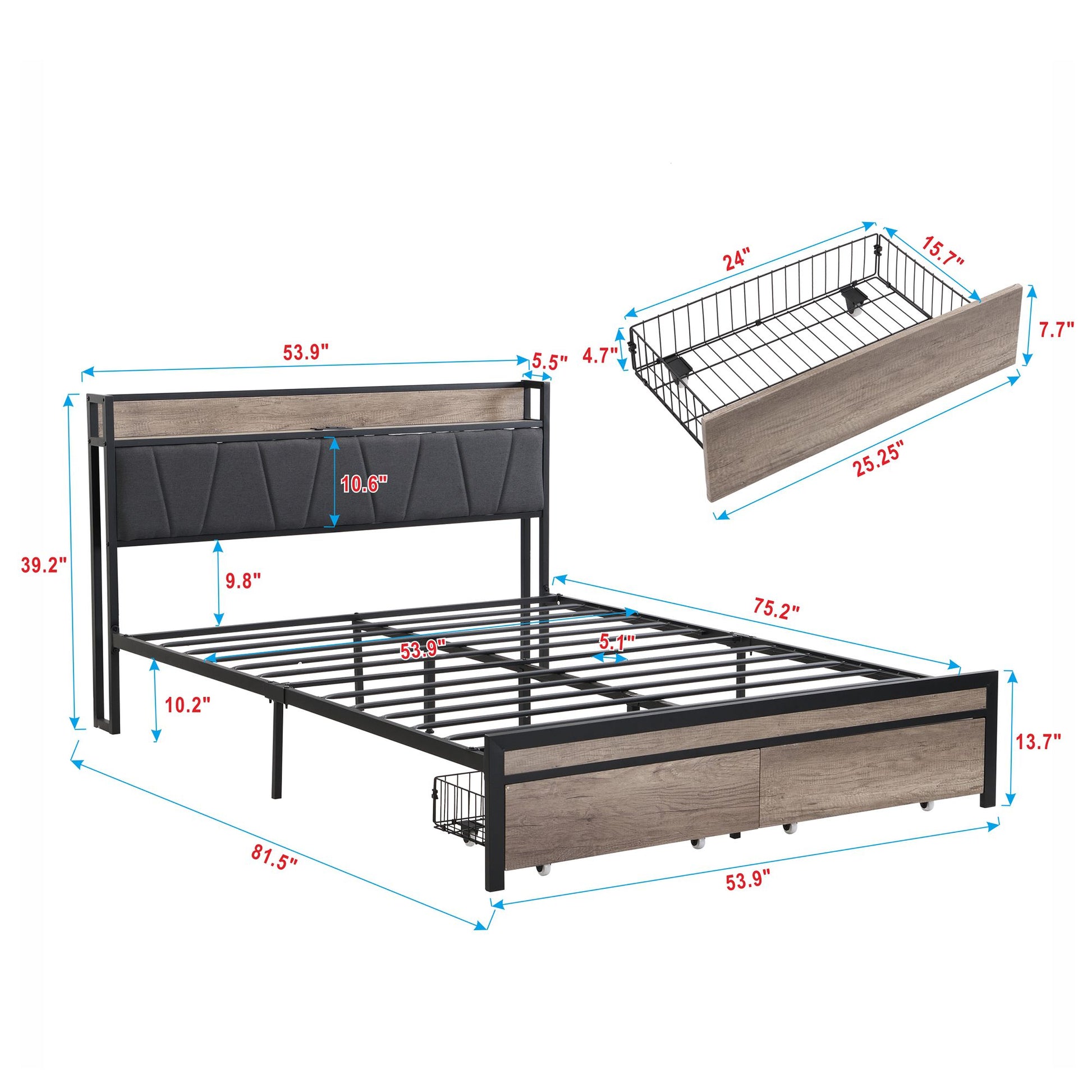 FULL Size Metal Platform Bed Frame with upholstery storage function Headboard and USB LINER and Footboard with drawers , image 14