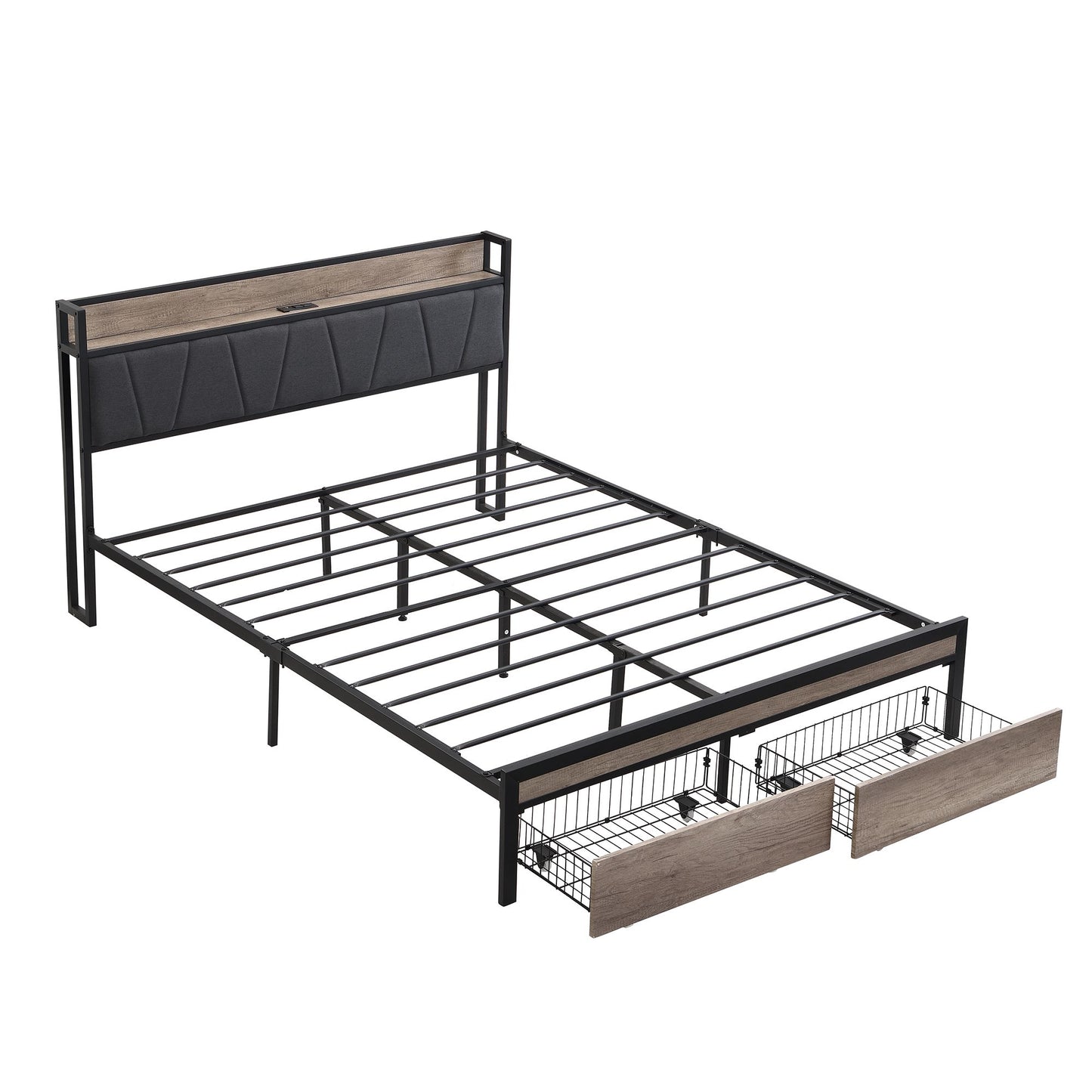 FULL Size Metal Platform Bed Frame with upholstery storage function Headboard and USB LINER and Footboard with drawers , image 5