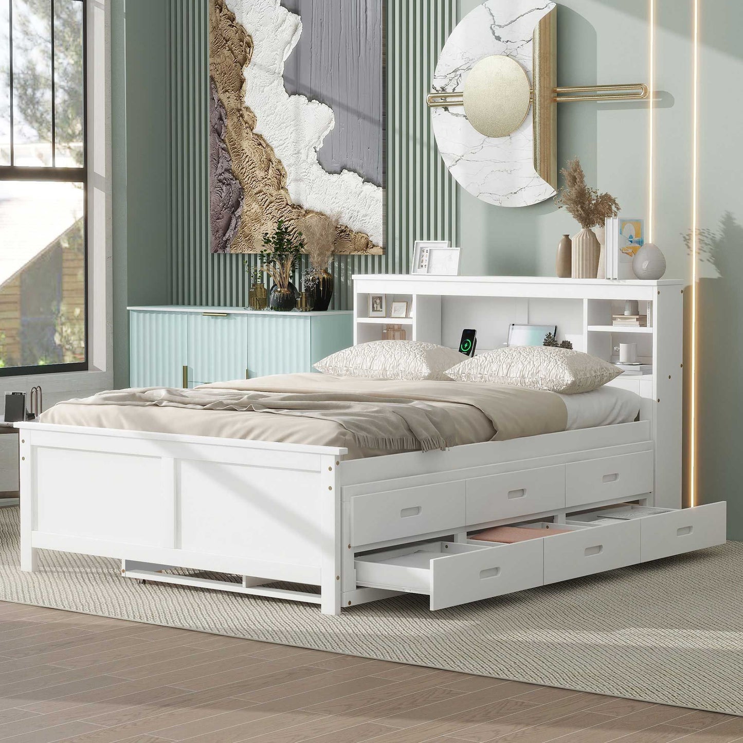 Full Size Platform Bed with Storage Headboard, USB, Twin Size Trundle and 3 Drawers, White image 2