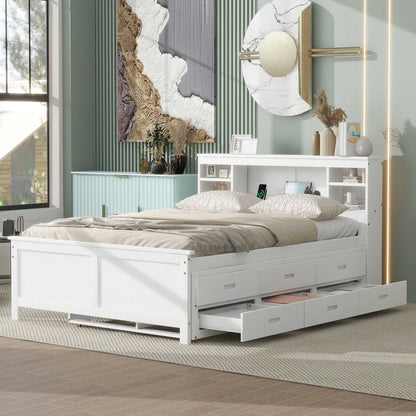 Full Size Platform Bed with Storage Headboard, USB, Twin Size Trundle and 3 Drawers, White image 2