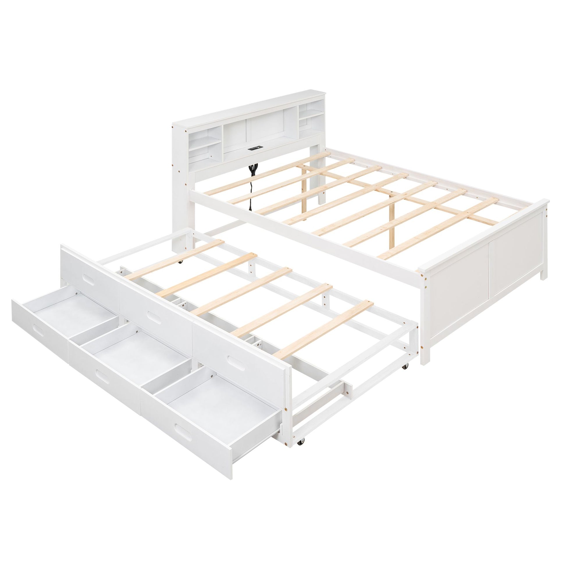 Full Size Platform Bed with Storage Headboard, USB, Twin Size Trundle and 3 Drawers, White image 15