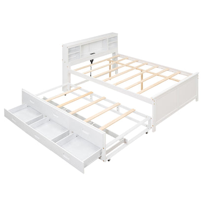 Full Size Platform Bed with Storage Headboard, USB, Twin Size Trundle and 3 Drawers, White image 15